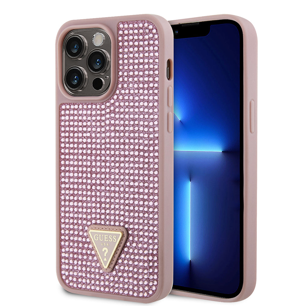 __vg|Pembe|0|3666339120122-01|Apple iPhone 14 Pro Max Kılıf Guess Orjinal Lisanslı Taşlı Arka Yüzey Üçgen Logolu Kapak