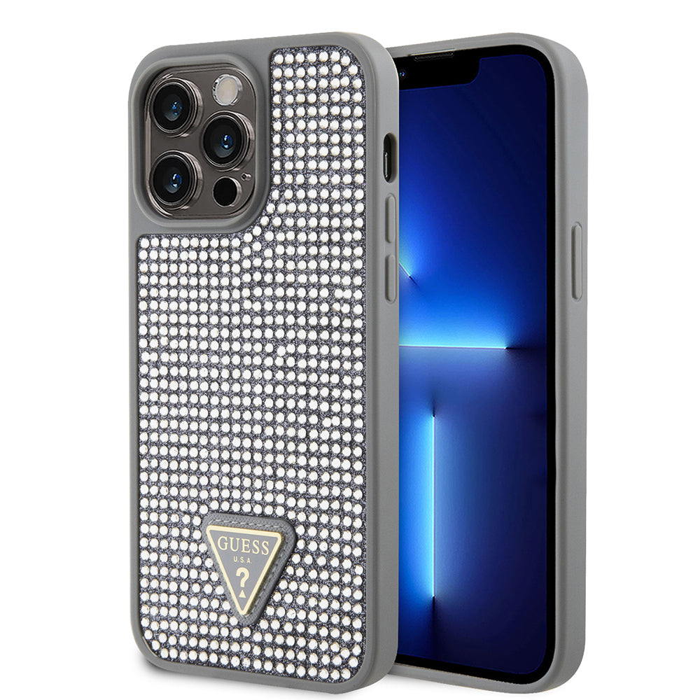 __vg|Gümüş|0|3666339120245-01|Apple iPhone 14 Pro Max Kılıf Guess Orjinal Lisanslı Taşlı Arka Yüzey Üçgen Logolu Kapak