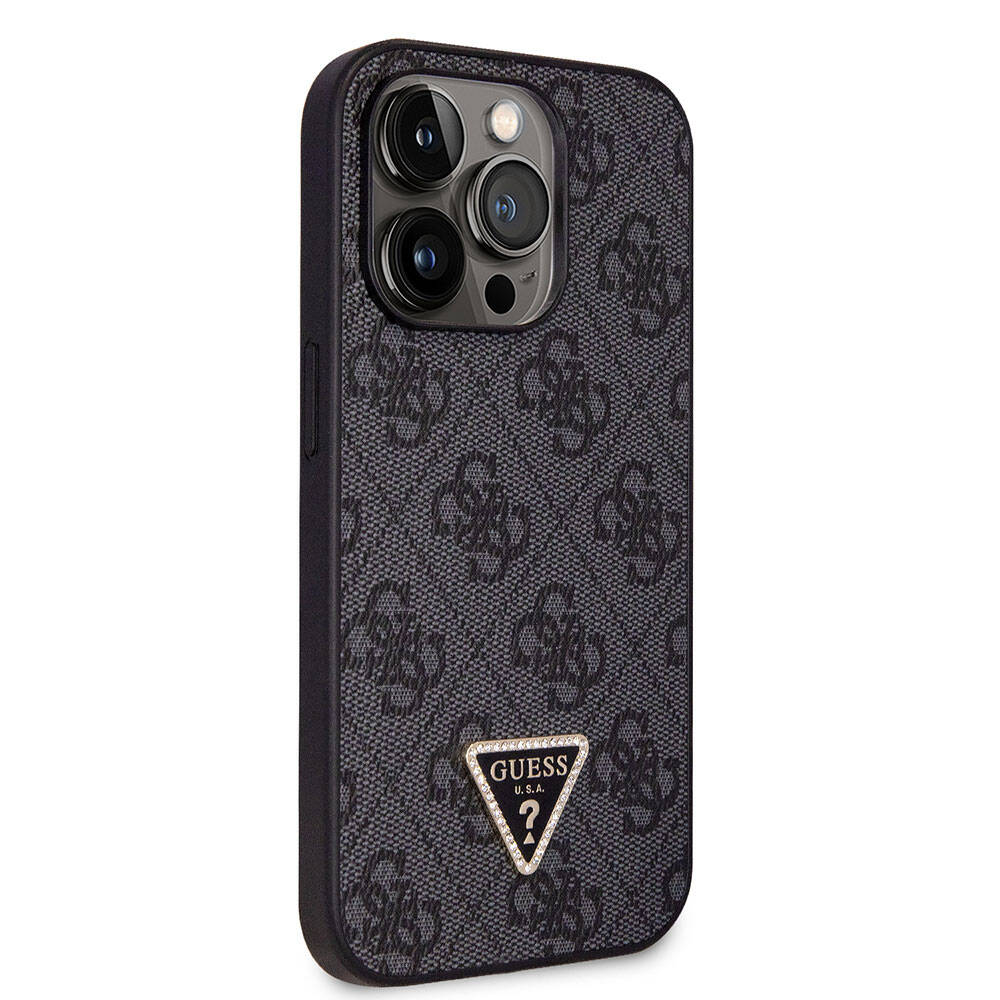 __vg|Siyah|0|3666339146238-01|Apple iPhone 14 Pro Max Kılıf Guess Orjinal Lisanslı PU Deri Taşlı Üçgen Logo 4G Desenli Kapak