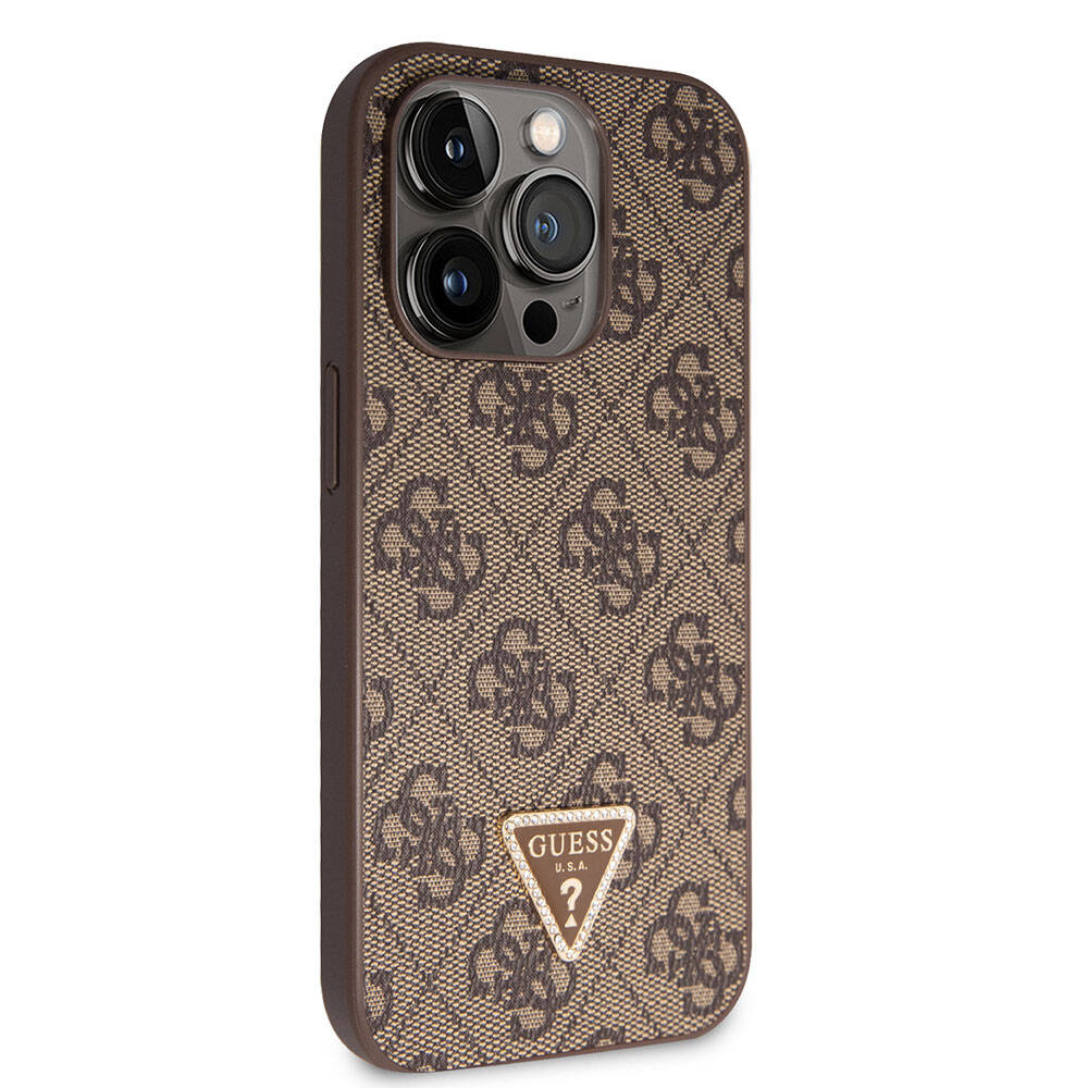 __vg|Kahverengi|0|3666339146375-01|Apple iPhone 14 Pro Max Kılıf Guess Orjinal Lisanslı PU Deri Taşlı Üçgen Logo 4G Desenli Kapak