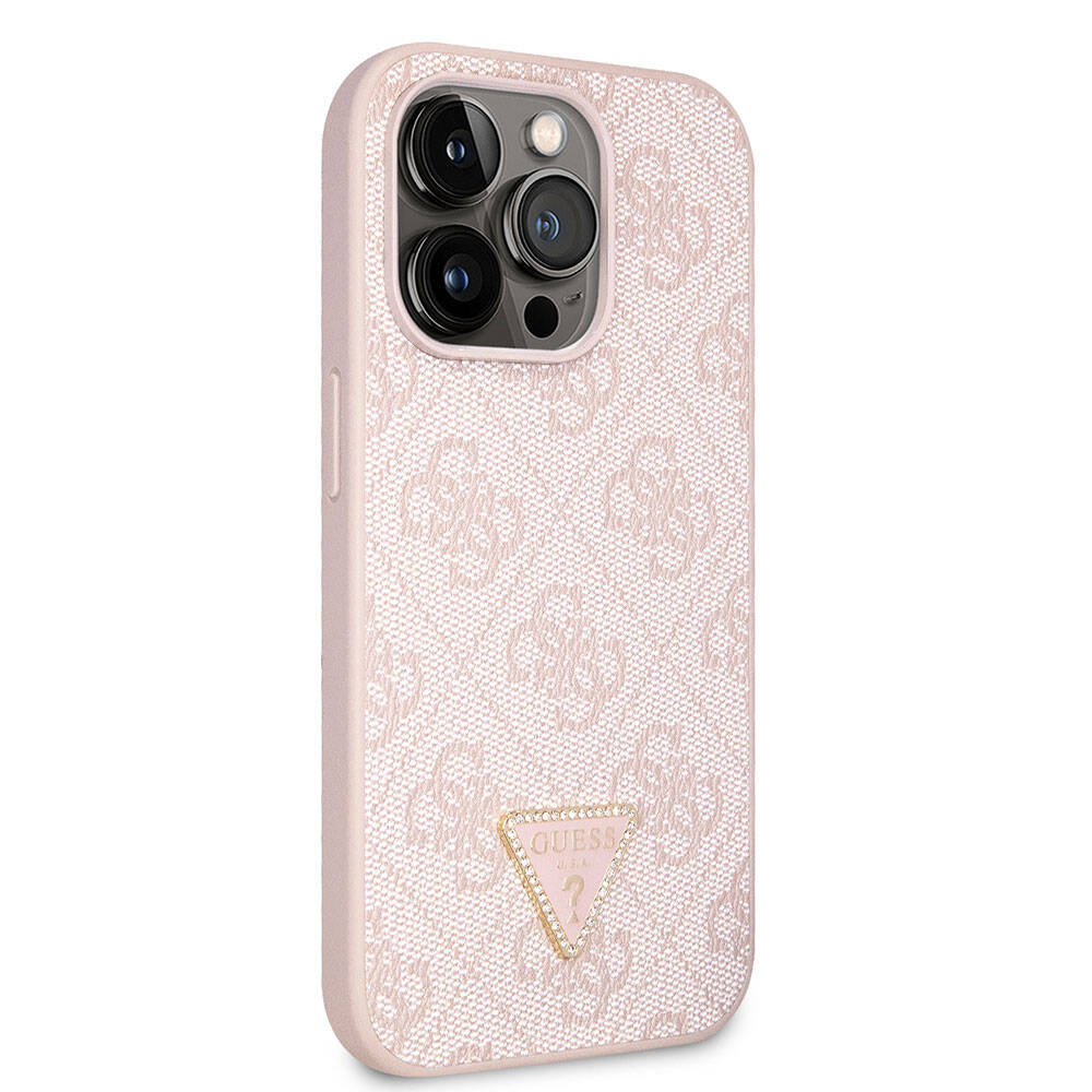 __vg|Pembe|0|3666339146658-01|Apple iPhone 14 Pro Max Kılıf Guess Orjinal Lisanslı PU Deri Taşlı Üçgen Logo 4G Desenli Kapak
