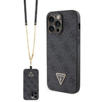 __vg|Siyah|0|3666339146795-01|Apple iPhone 14 Pro Max Kılıf Guess Orjinal Lisanslı PU Deri Taşlı Metal Üçgen Logolu Çapraz Vücut Askılı 4G Desenli Kapak