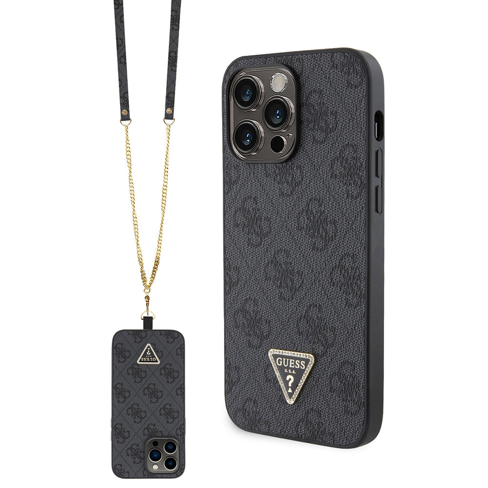 __vg|Siyah|0|3666339146795-01|Apple iPhone 14 Pro Max Kılıf Guess Orjinal Lisanslı PU Deri Taşlı Metal Üçgen Logolu Çapraz Vücut Askılı 4G Desenli Kapak