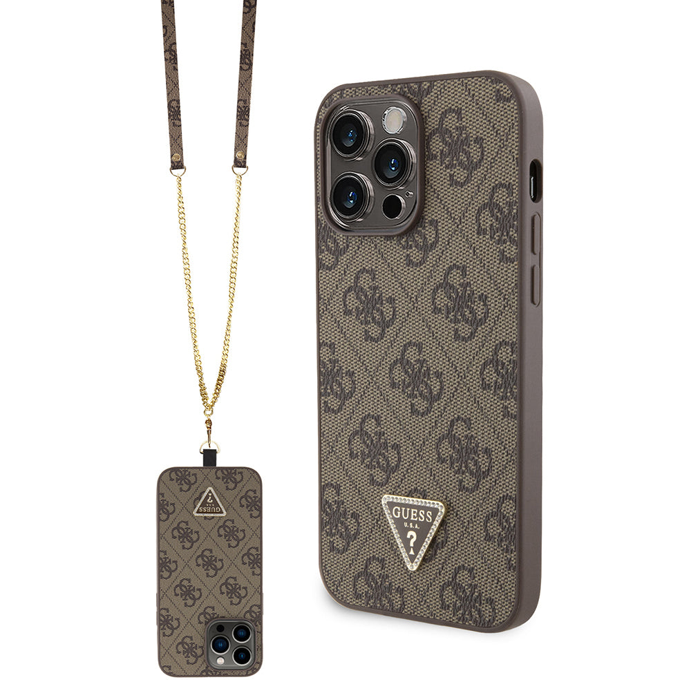 __vg|Kahverengi|0|3666339146931-01|Apple iPhone 14 Pro Max Kılıf Guess Orjinal Lisanslı PU Deri Taşlı Metal Üçgen Logolu Çapraz Vücut Askılı 4G Desenli Kapak