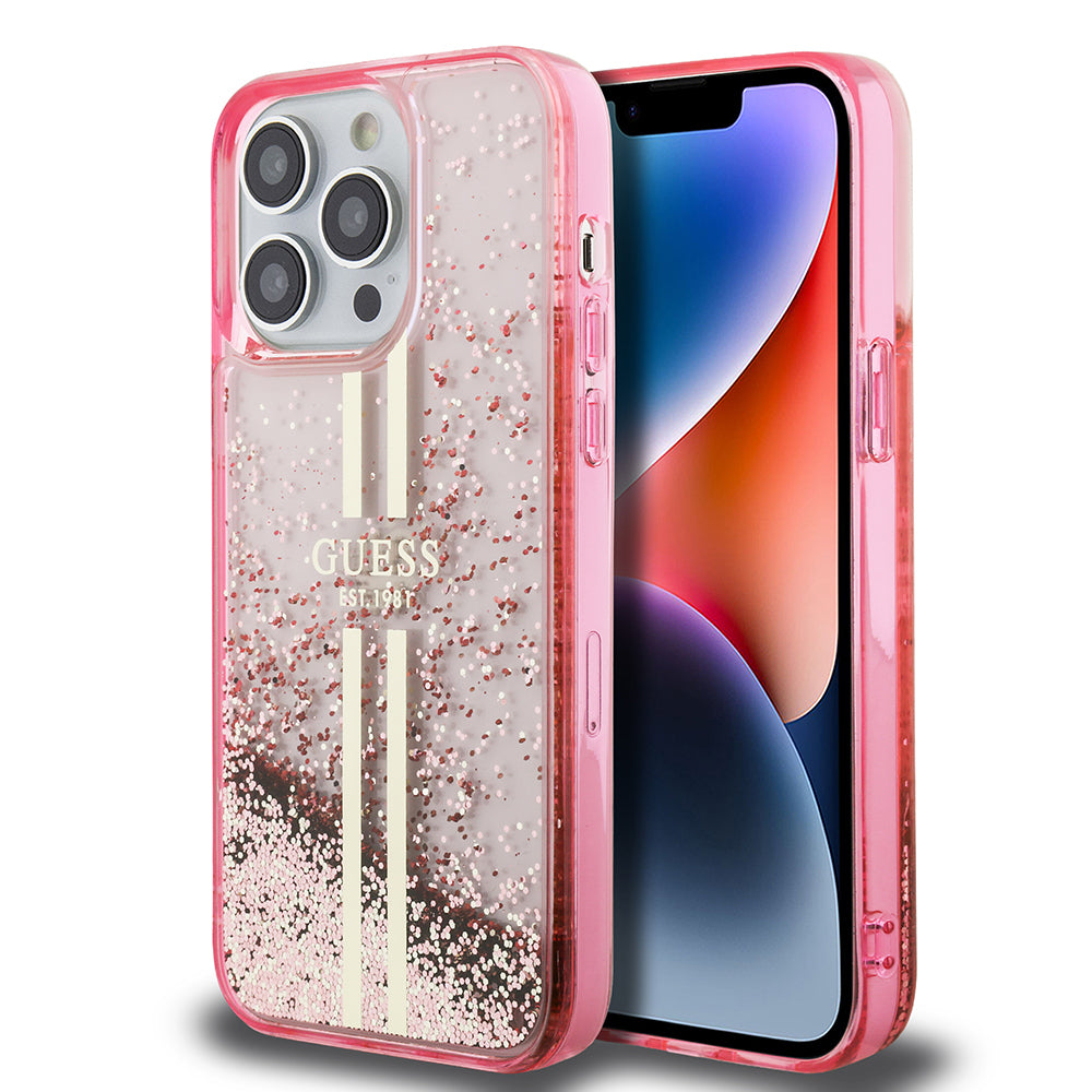 __vg|Pembe|0|3666339223656-01|Apple iPhone 14 Pro Max Kılıf Guess Orjinal Lisanslı Transparan Sıvılı Simli Altın Çizgili Kapak