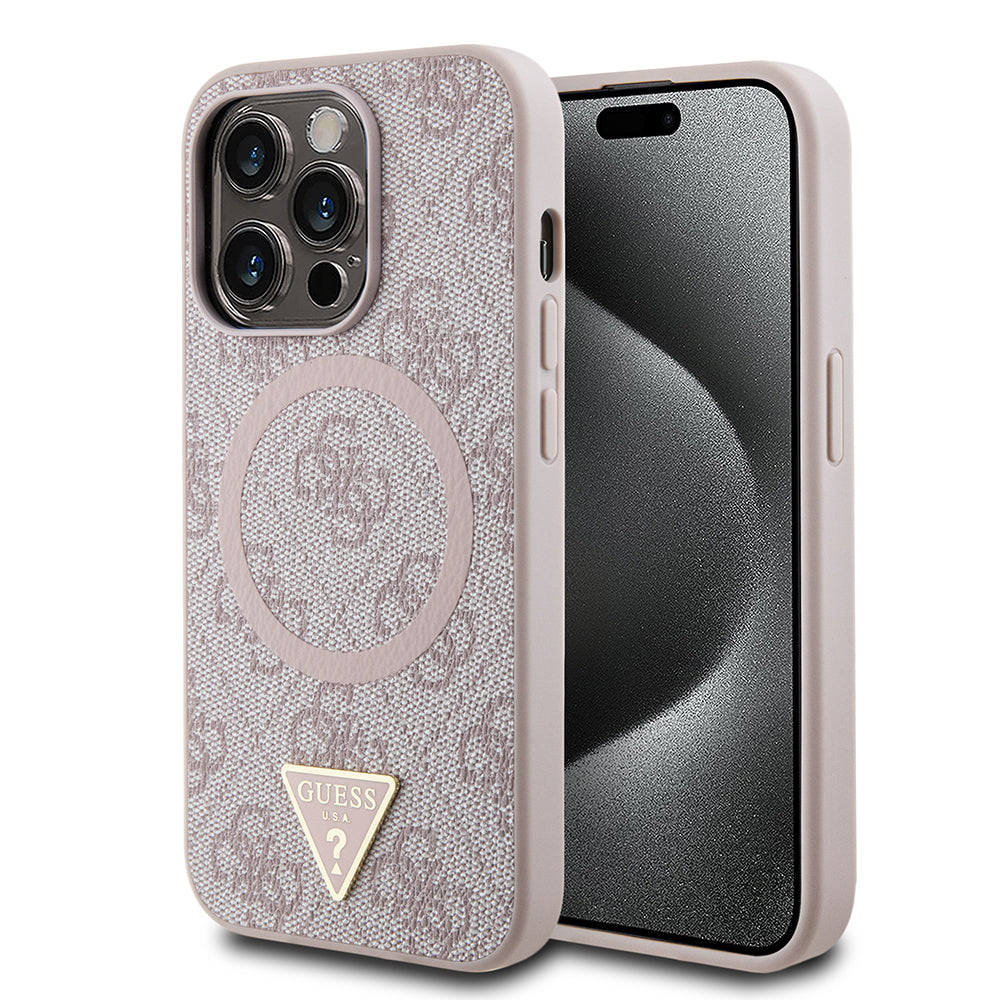 __vg|Pembe|0|3666339240653-01|Apple iPhone 14 Pro Max Kılıf Guess Orjinal Lisanslı MagSafe Şarj Özellikli PU Üçgen Logo 4G Desenli Kapak