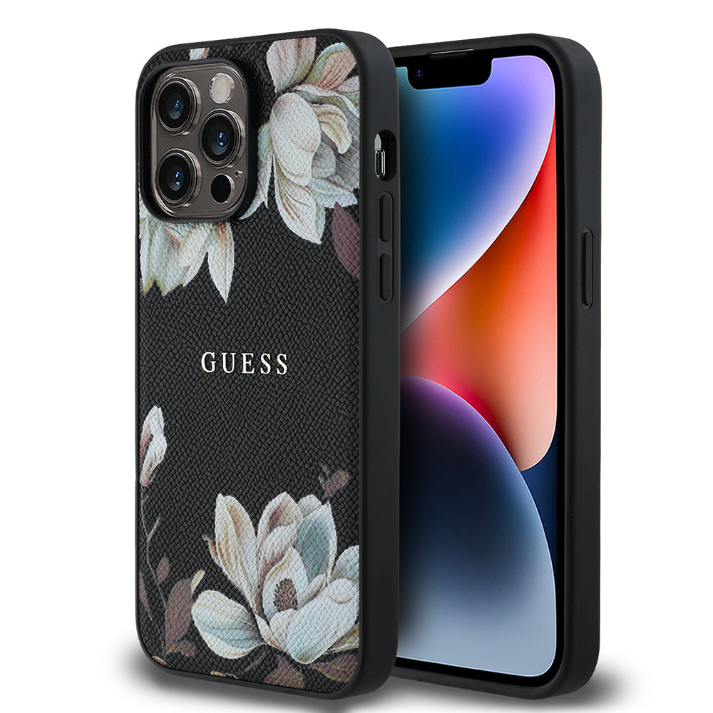 __vg|Siyah|0|3666339425685-01|Apple iPhone 14 Pro Max Kılıf Guess Orjinal Lisanslı MagSafe Şarj Özellikli Taneli Çiçek Tasarımlı Metal Yazı Logolu Kapak