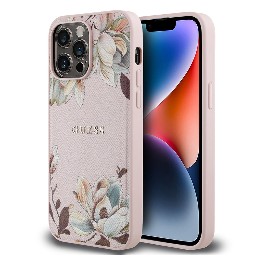 __vg|Pembe|0|3666339426132-01|Apple iPhone 14 Pro Max Kılıf Guess Orjinal Lisanslı MagSafe Şarj Özellikli Taneli Çiçek Tasarımlı Metal Yazı Logolu Kapak