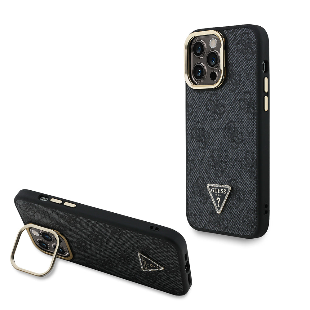 __vg|Siyah|0|3666339470012-01|Apple iPhone 14 Pro Max Kılıf Guess Orjinal Lisanslı PU Deri Taşlı Üçgen Logo 4G Desenli Kamera Standlı Kapak