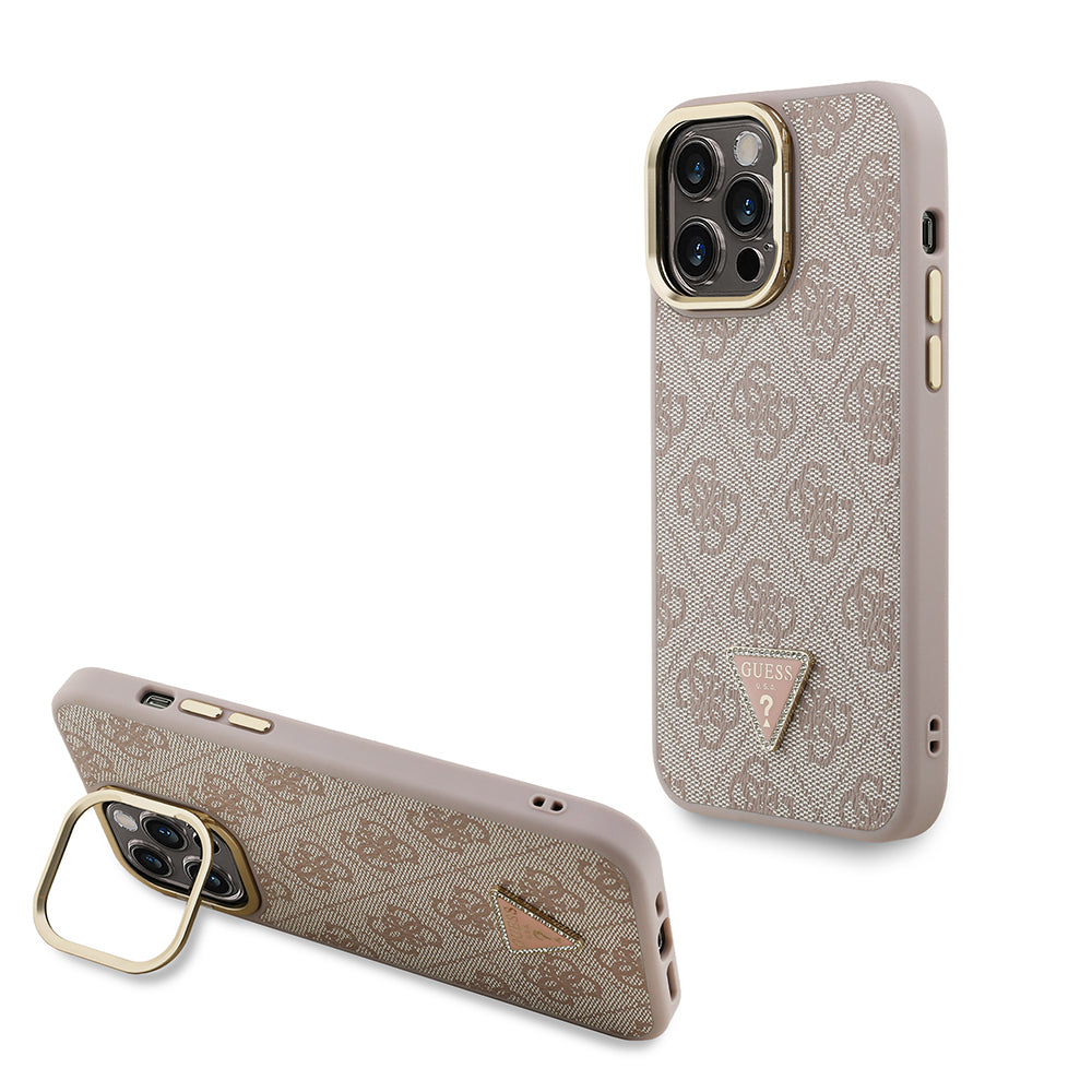 __vg|Pembe|0|3666339470111-01|Apple iPhone 14 Pro Max Kılıf Guess Orjinal Lisanslı PU Deri Taşlı Üçgen Logo 4G Desenli Kamera Standlı Kapak