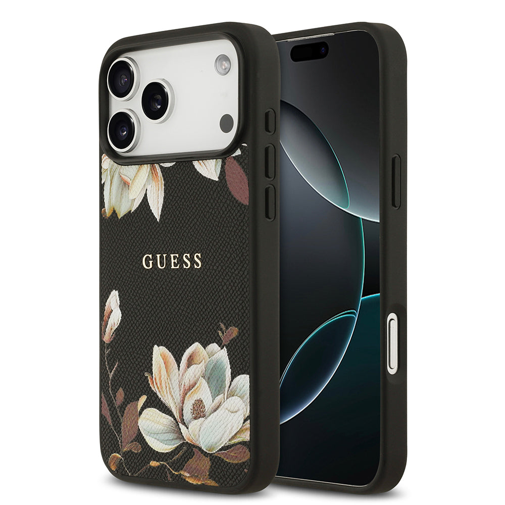 __vg|Siyah|0|3666339489915-01|Apple iPhone 17 Pro Max Kılıf Guess Orjinal Lisanslı MagSafe Şarj Özellikli Taneli Çiçek Tasarımlı Metal Yazı Logolu Kapak