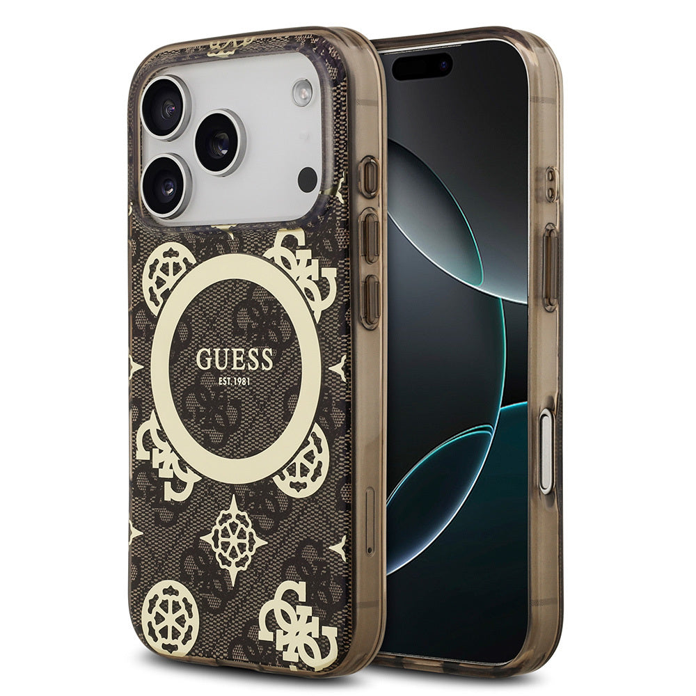 __vg|Kahverengi|0|3666339490751-01|Apple iPhone 17 Pro Max Kılıf Guess Orjinal Lisanslı MagSafe Şarj Özellikli IML Peony ve 4G Desenli Klasik Logolu Kapak