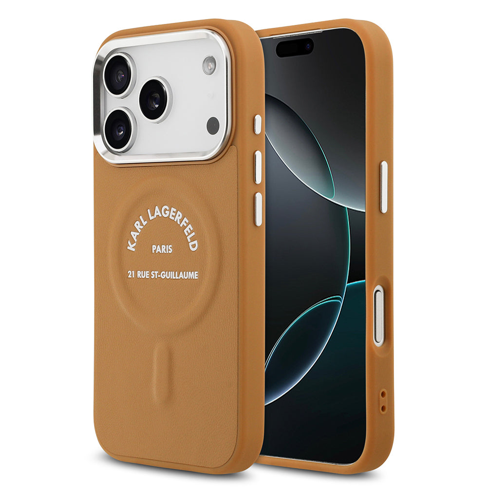 __vg|Kahverengi|0|3666339494360-01|Apple iPhone 17 Pro Max Kılıf Karl Lagerfeld Orjinal Lisanslı MagSafe Şarj Özellikli Metal Kamera ve Buton Tasarımlı Paris RSG PU Deri Kapak