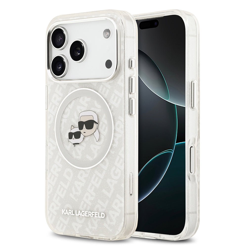 __vg|Gri|0|3666339499242-01|Apple iPhone 17 Pro Max Kılıf Karl Lagerfeld Orjinal Lisanslı Parlayan Simli Karl & Choupette Heads Kapak