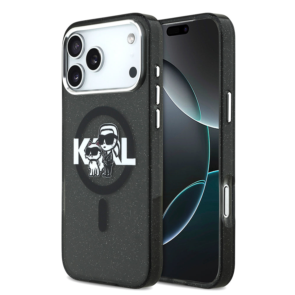 __vg|Siyah|0|3666339504502-01|Apple iPhone 17 Pro Max Kılıf Karl Lagerfeld Orjinal Lisanslı Parlayan Simli Karl & Choupette Sketch Logo Kapak