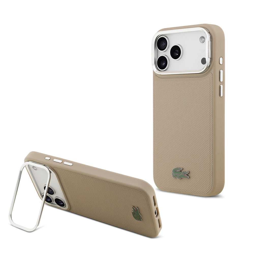 __vg|Bej|0|3666339513580-01|Apple iPhone 17 Pro Max Kılıf Lacoste Orjinal Lisanslı MagSafe Şarj Özellikli PU Pike Desenli Standlı Metal Logolu Kapak