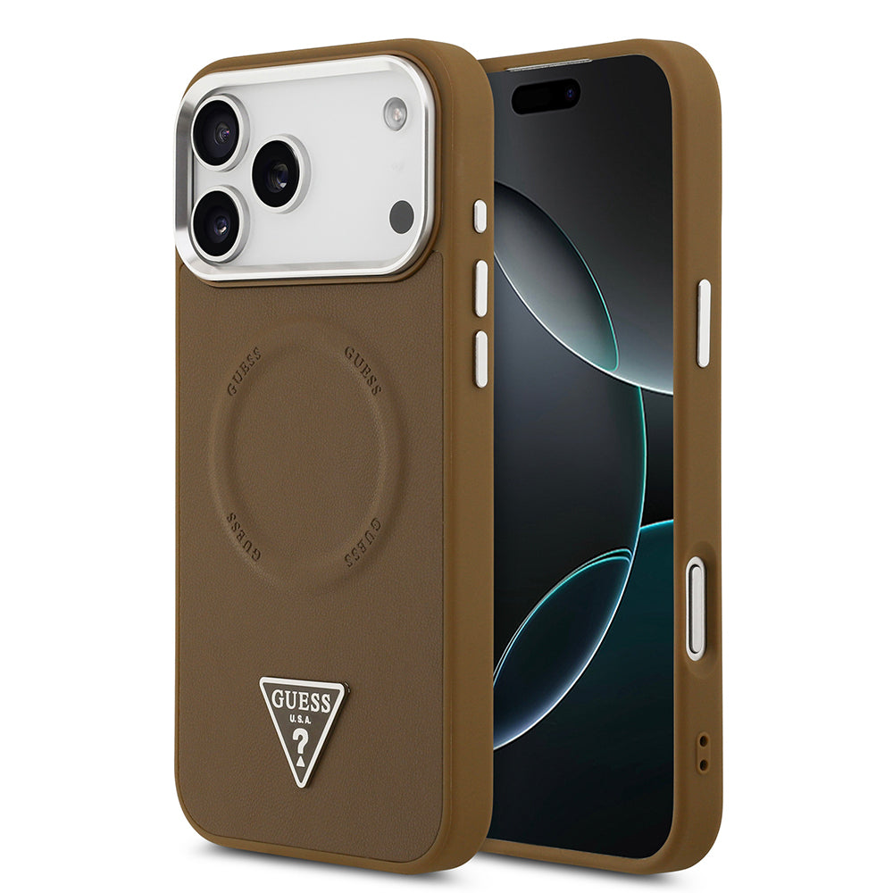 __vg|Kahverengi|0|3666339515546-01|Apple iPhone 17 Pro Max Kılıf Guess Orjinal Lisanslı MagSafe Şarj Özellikli PU Deri Metal Kamera Çerçeveli Üçgen Logolu Kapak