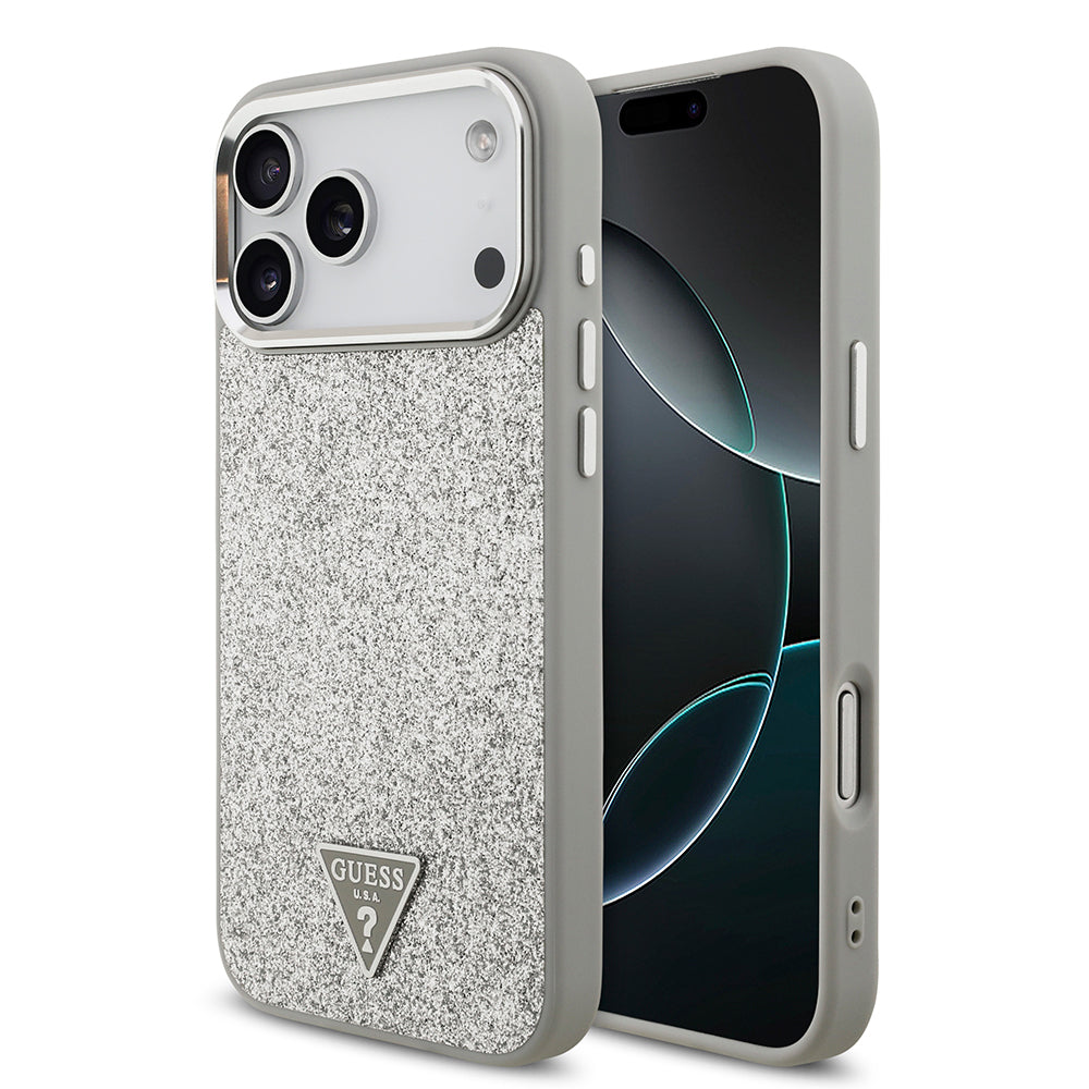 __vg|Gri|0|3666339516987-01|Apple iPhone 17 Pro Max Kılıf Guess Orjinal Lisanslı MagSafe Şarj Özellikli Metal Kamera Çerçeveli Üçgen Logolu Glitter Kapak