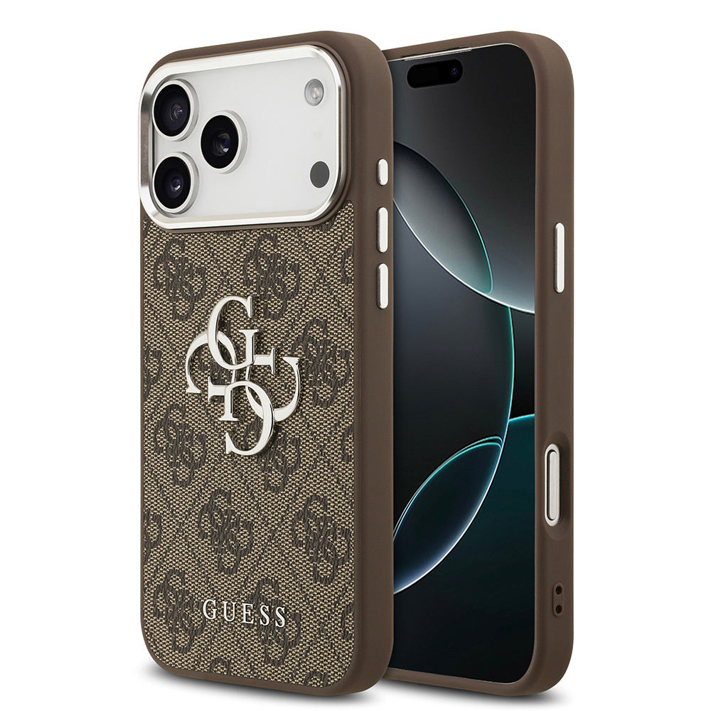 __vg|Kahverengi|0|3666339517946-01|Apple iPhone 17 Pro Max Kılıf Guess Orjinal Lisanslı Gümüş Metal Kamera Çerçeveli 4G Desenli Metal Büyük 4G ve Yazı Logolu Kapak