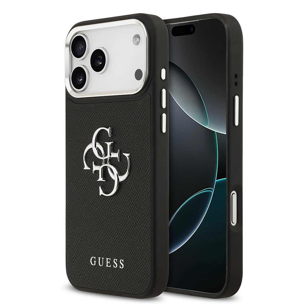 __vg|Siyah|0|3666339518103-01|Apple iPhone 17 Pro Max Kılıf Guess Orjinal Lisanslı Metal Kamera Çerçeveli Metal Büyük 4G ve Yazı Logolu PU Deri Kapak