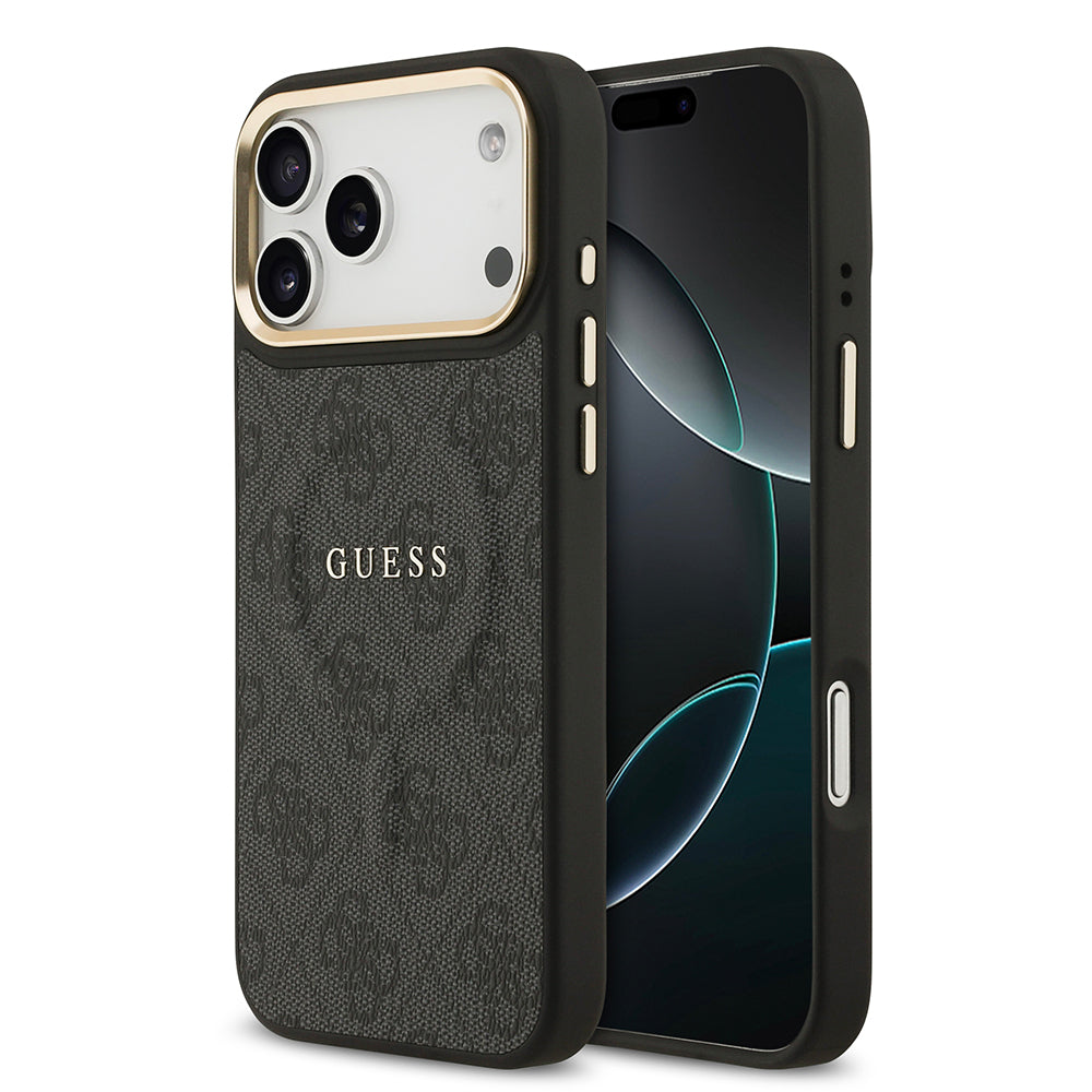 __vg|Siyah|0|3666339519063-01|Apple iPhone 17 Pro Max Kılıf Guess Orjinal Lisanslı MagSafe Şarj Özellikli Gold Metal Kamera Çerçeveli PU Deri 4G Desenli Yazı Logolu Kapak