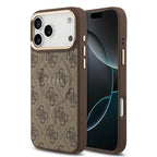 __vg|Kahverengi|0|3666339519223-01|Apple iPhone 17 Pro Max Kılıf Guess Orjinal Lisanslı MagSafe Şarj Özellikli Gold Metal Kamera Çerçeveli PU Deri 4G Desenli Yazı Logolu Kapak
