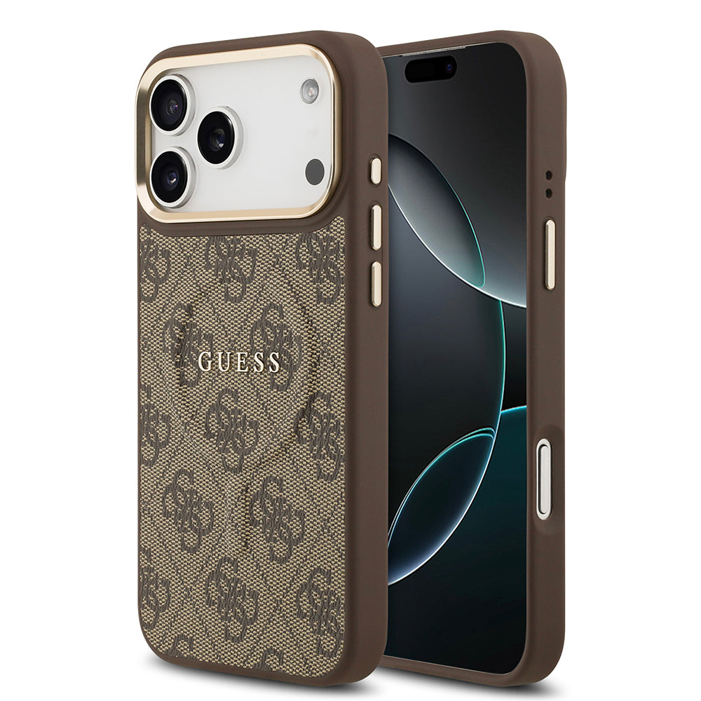 __vg|Kahverengi|0|3666339519223-01|Apple iPhone 17 Pro Max Kılıf Guess Orjinal Lisanslı MagSafe Şarj Özellikli Gold Metal Kamera Çerçeveli PU Deri 4G Desenli Yazı Logolu Kapak
