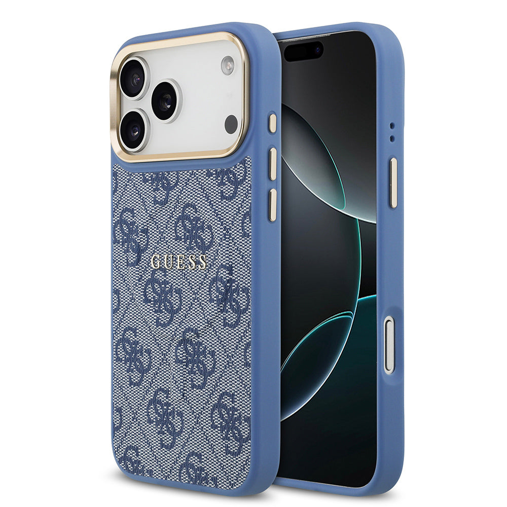 __vg|Mavi|0|3666339519384-01|Apple iPhone 17 Pro Max Kılıf Guess Orjinal Lisanslı MagSafe Şarj Özellikli Gold Metal Kamera Çerçeveli PU Deri 4G Desenli Yazı Logolu Kapak