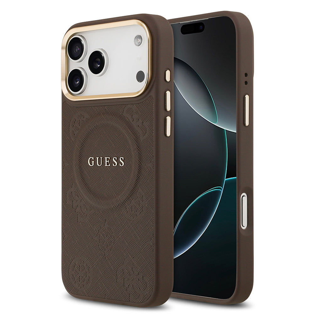 __vg|Kahverengi|0|3666339520021-01|Apple iPhone 17 Pro Max Kılıf Guess Orjinal Lisanslı MagSafe Şarj Özellikli Sıcak Baskılı Yazı Logolu PU Deri Peony Kapak