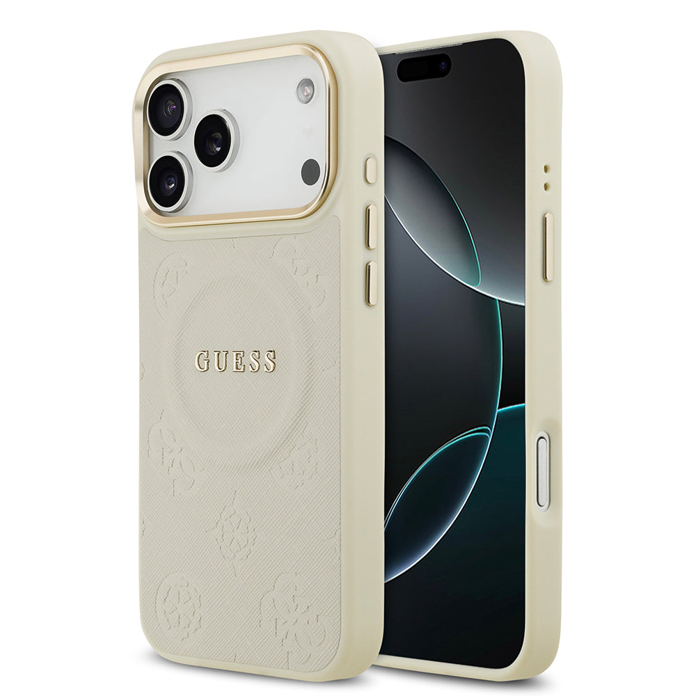 __vg|Bej|0|3666339520182-01|Apple iPhone 17 Pro Max Kılıf Guess Orjinal Lisanslı MagSafe Şarj Özellikli Sıcak Baskılı Yazı Logolu PU Deri Peony Kapak