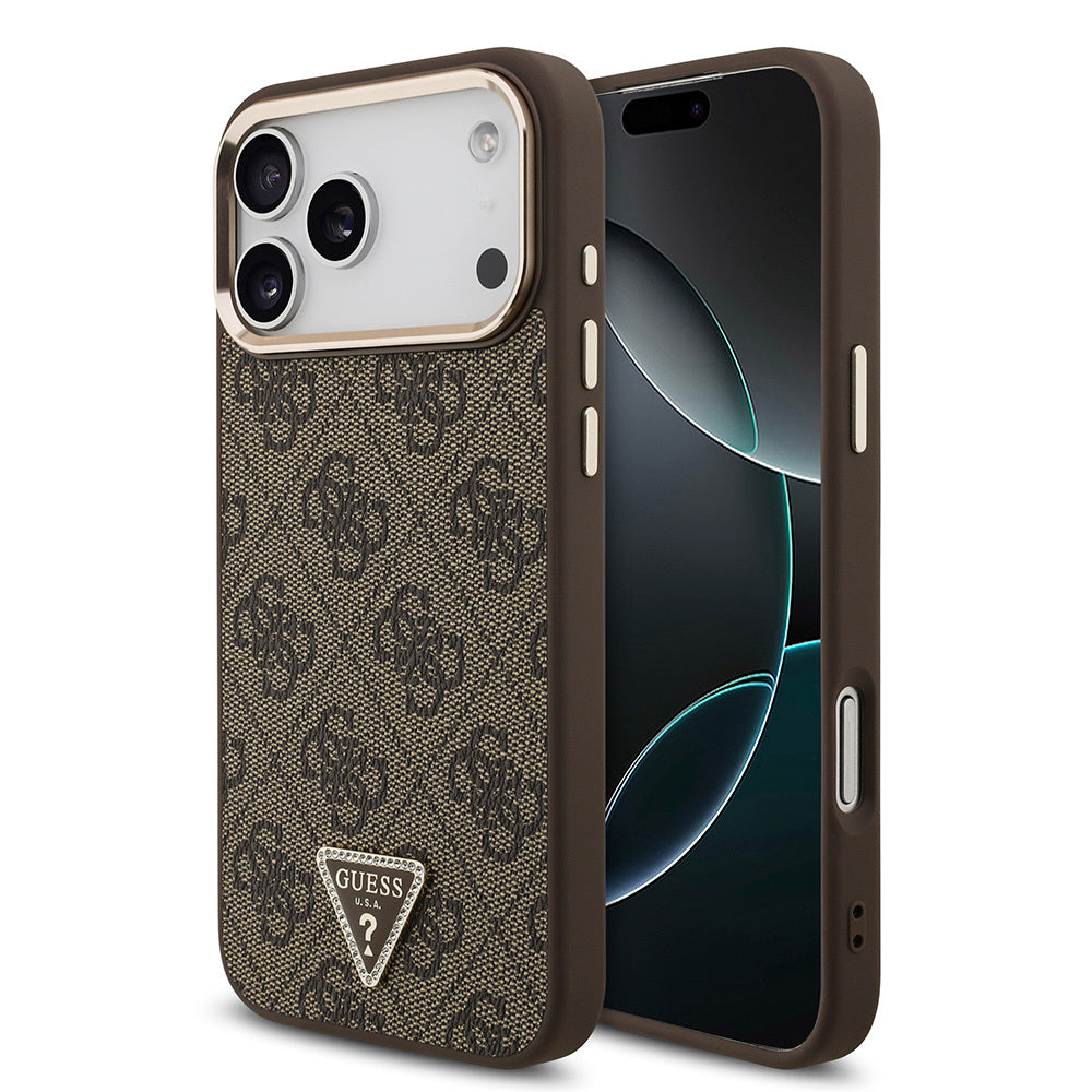 __vg|Kahverengi|0|3666339521141-01|Apple iPhone 17 Pro Max Kılıf Guess Orjinal Lisanslı MagSafe Şarj Özellikli Taşlı Üçgen Logo 4G Desenli Kapak