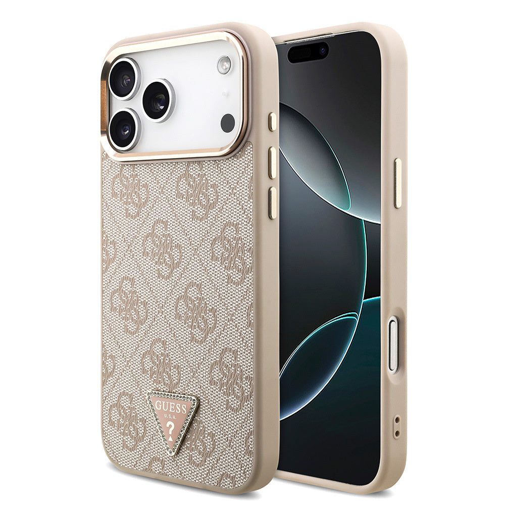 __vg|Pembe|0|3666339521462-01|Apple iPhone 17 Pro Max Kılıf Guess Orjinal Lisanslı MagSafe Şarj Özellikli Taşlı Üçgen Logo 4G Desenli Kapak