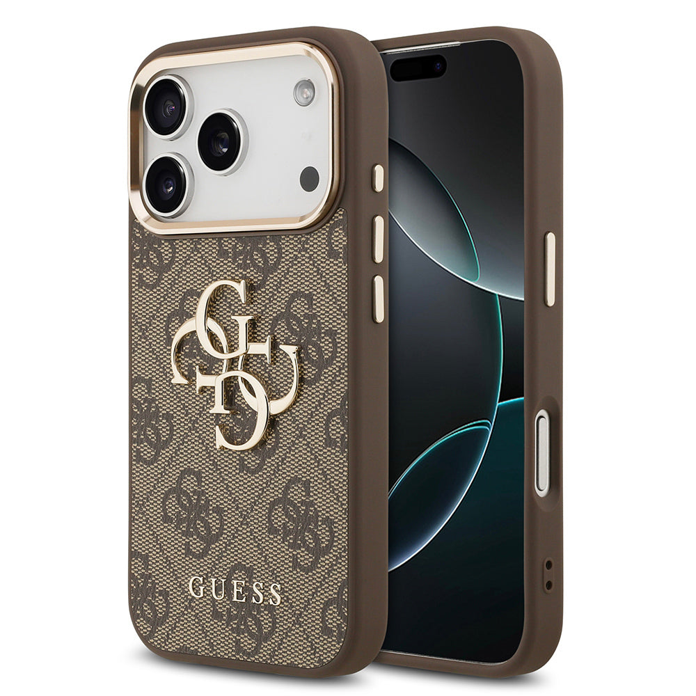 __vg|Kahverengi|0|3666339521943-01|Apple iPhone 17 Pro Max Kılıf Guess Orjinal Lisanslı Gold Metal Kamera Çerçeveli 4G Desenli Metal Büyük 4G ve Yazı Logolu Kapak
