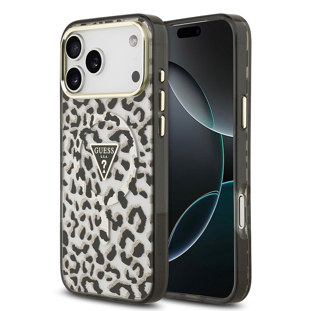 __vg|Siyah|0|3666339523541-01|Apple iPhone 17 Pro Max Kılıf Guess Orjinal Lisanslı MagSafe Şarj Özellikli Üçgen Logolu Simli Leopar Desenli Kapak