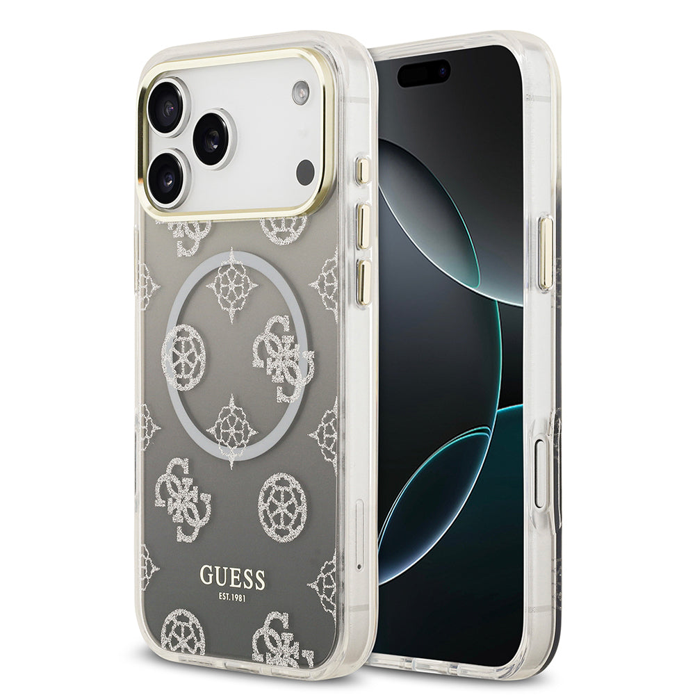 __vg|Siyah|0|3666339523862-01|Apple iPhone 17 Pro Max Kılıf Guess Orjinal Lisanslı MagSafe Şarj Özellikli Simli Peony Desenli Silikon Kapak