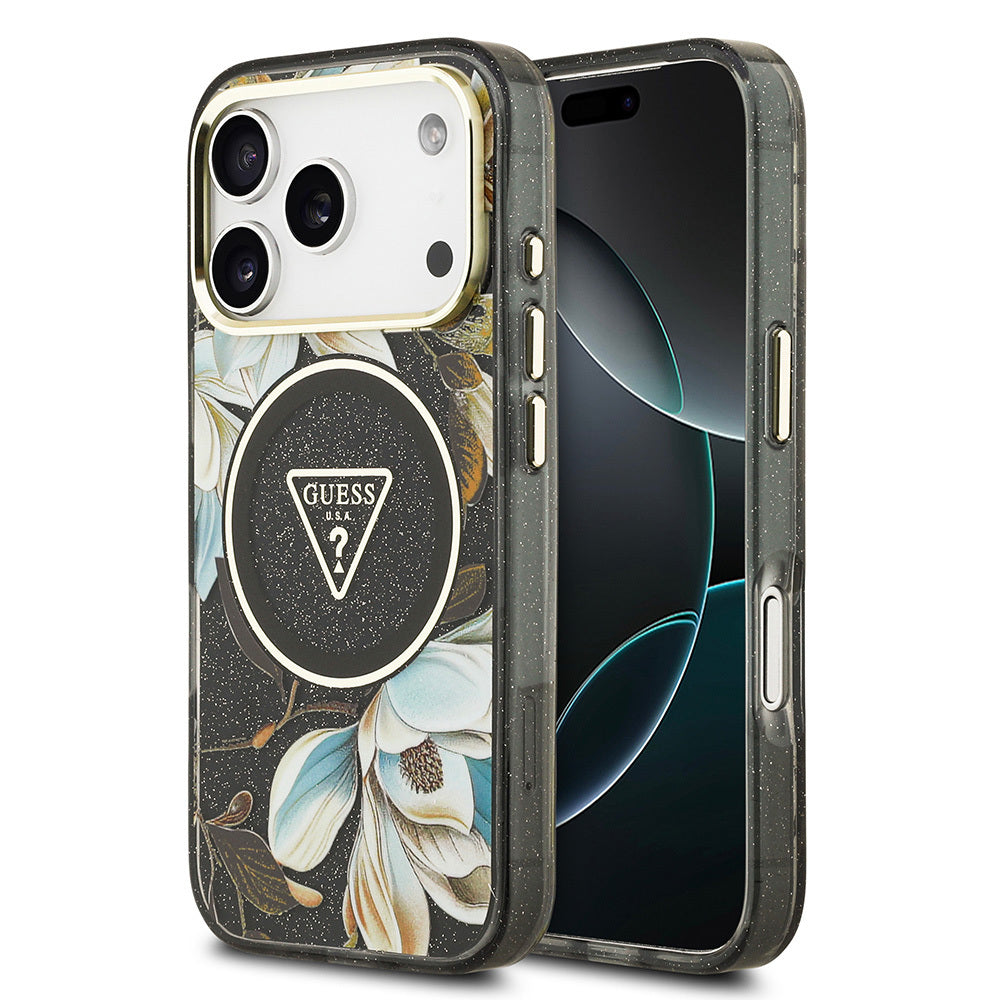 __vg|Siyah|0|3666339524388-01|Apple iPhone 17 Pro Max Kılıf Guess Orjinal Lisanslı MagSafe Şarj Özellikli Simli Çiçek Desenli Metal Kamera Çerçeveli Üçgen Logolu Kapak