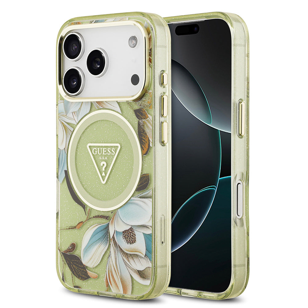 __vg|Yeşil|0|3666339524463-01|Apple iPhone 17 Pro Max Kılıf Guess Orjinal Lisanslı MagSafe Şarj Özellikli Simli Çiçek Desenli Metal Kamera Çerçeveli Üçgen Logolu Kapak