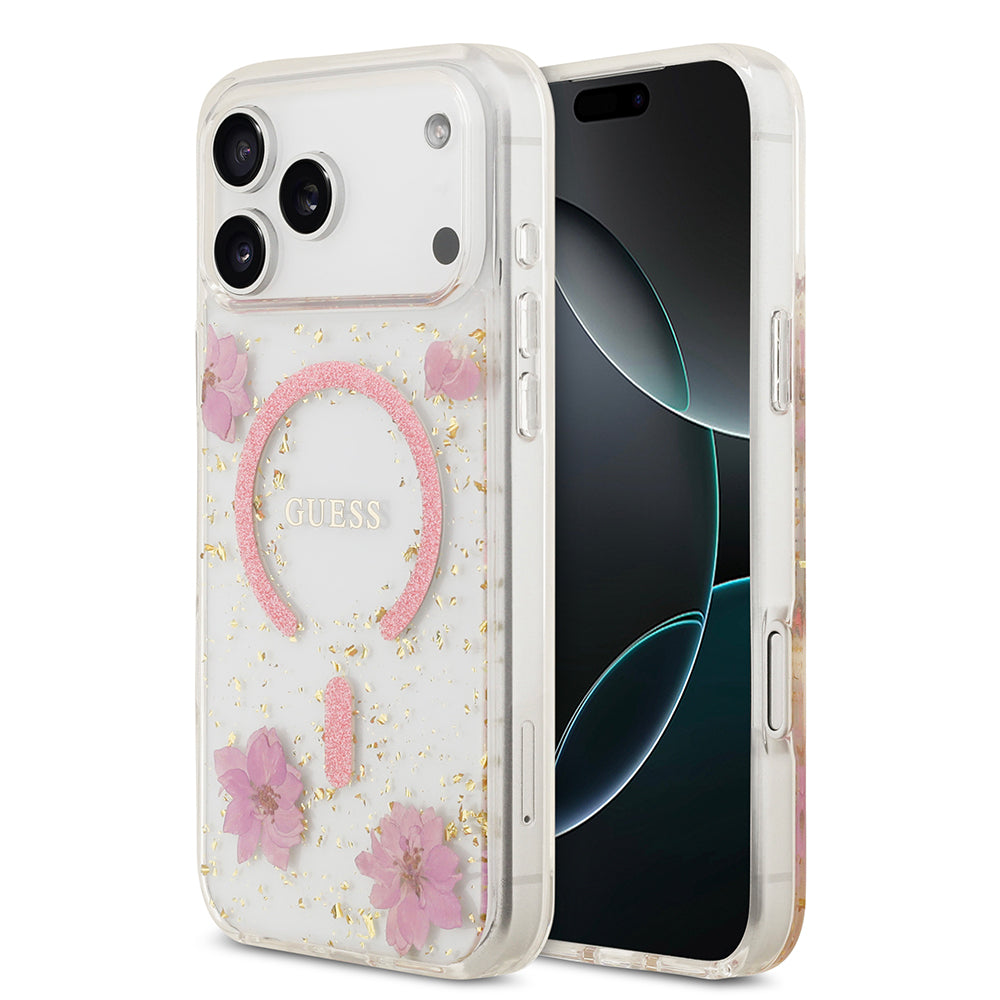 __vg|Pembe|0|3666339524548-01|Apple iPhone 17 Pro Max Kılıf Guess Orjinal Lisanslı MagSafe Şarj Özellikli Transparan Resin Flowers Kapak