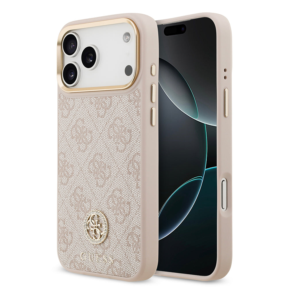 __vg|Pembe|0|3666339529611-01|Apple iPhone 17 Pro Max Kılıf Guess Orjinal Lisanslı MagSafe Şarj Özellikli Gold Metal Kamera Çerçeveli Taşlı 4G Logolu Kapak