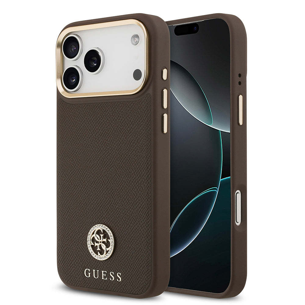 __vg|Kahverengi|0|3666339530099-01|Apple iPhone 17 Pro Max Kılıf Guess Orjinal Lisanslı MagSafe Şarj Özellikli Grained Yazı ve Taşlı 4G Logolu Kapak