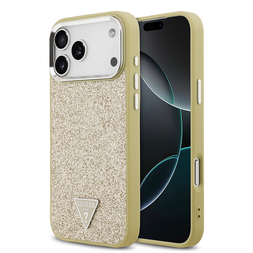 __vg|Gold|0|3666339557454-01|Apple iPhone 17 Pro Max Kılıf Guess Orjinal Lisanslı MagSafe Şarj Özellikli Metal Kamera Çerçeveli Üçgen Logolu Glitter Kapak