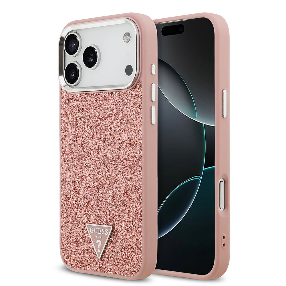 __vg|Pembe|0|3666339557614-01|Apple iPhone 17 Pro Max Kılıf Guess Orjinal Lisanslı MagSafe Şarj Özellikli Metal Kamera Çerçeveli Üçgen Logolu Glitter Kapak
