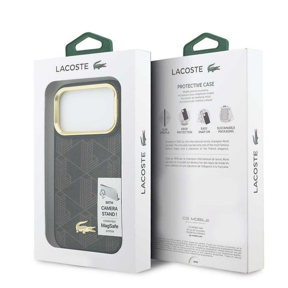 __vg|Kahverengi|7|3666339581572-08|Apple iPhone 17 Pro Max Kılıf Lacoste Orjinal Lisanslı MagSafe Şarj Özellikli Standlı PU Deri Karışık Monogram Desenli Kapak