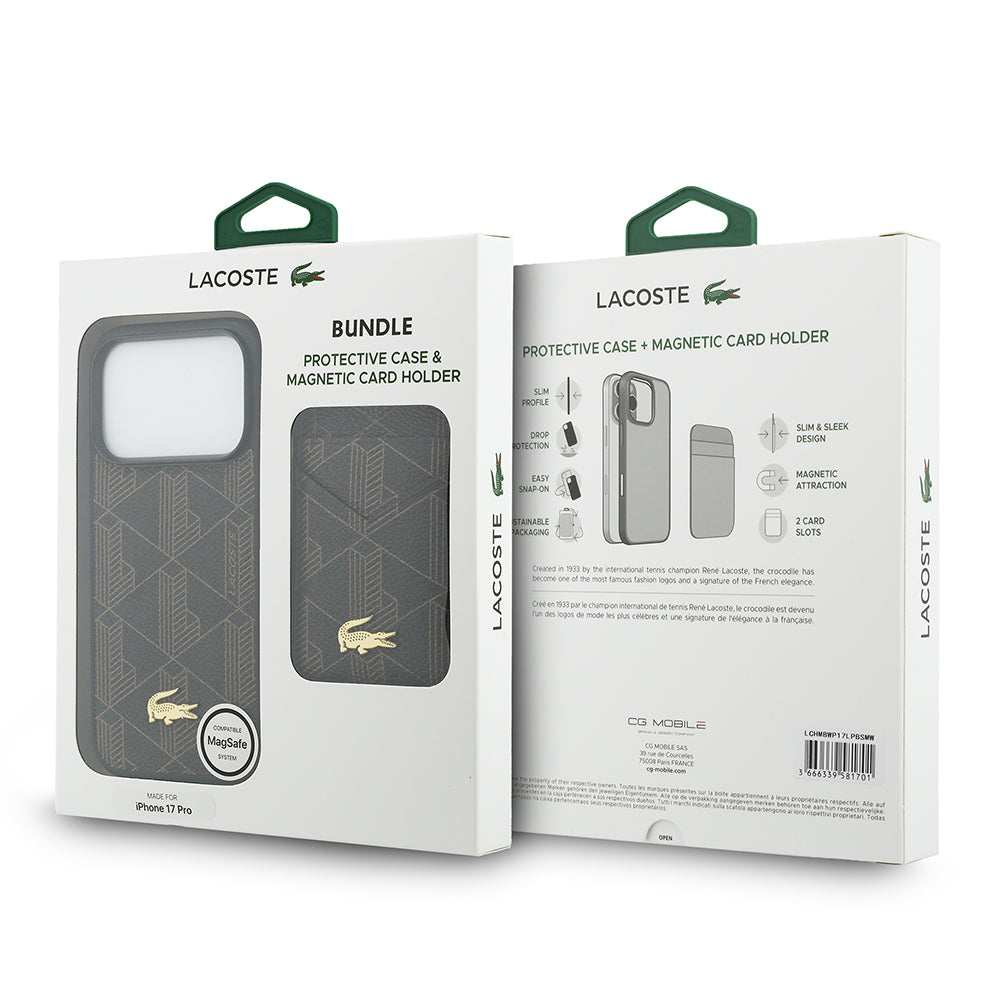 __vg|Kahverengi|9|3666339581718-10|Apple iPhone 17 Pro Max Kılıf Lacoste Orjinal Lisanslı MagSafe Şarj Özellikli PU Deri Tasarımlı Kartlıklı Karışık Monogram Desenli Kapak