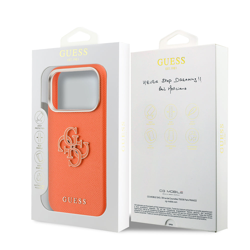 __vg|Turuncu|7|3666339584634-08|Apple iPhone 17 Pro Max Kılıf Guess Orjinal Lisanslı 4G Büyük Metal Kamera Çerçeveli PU Deri Resin Kapak