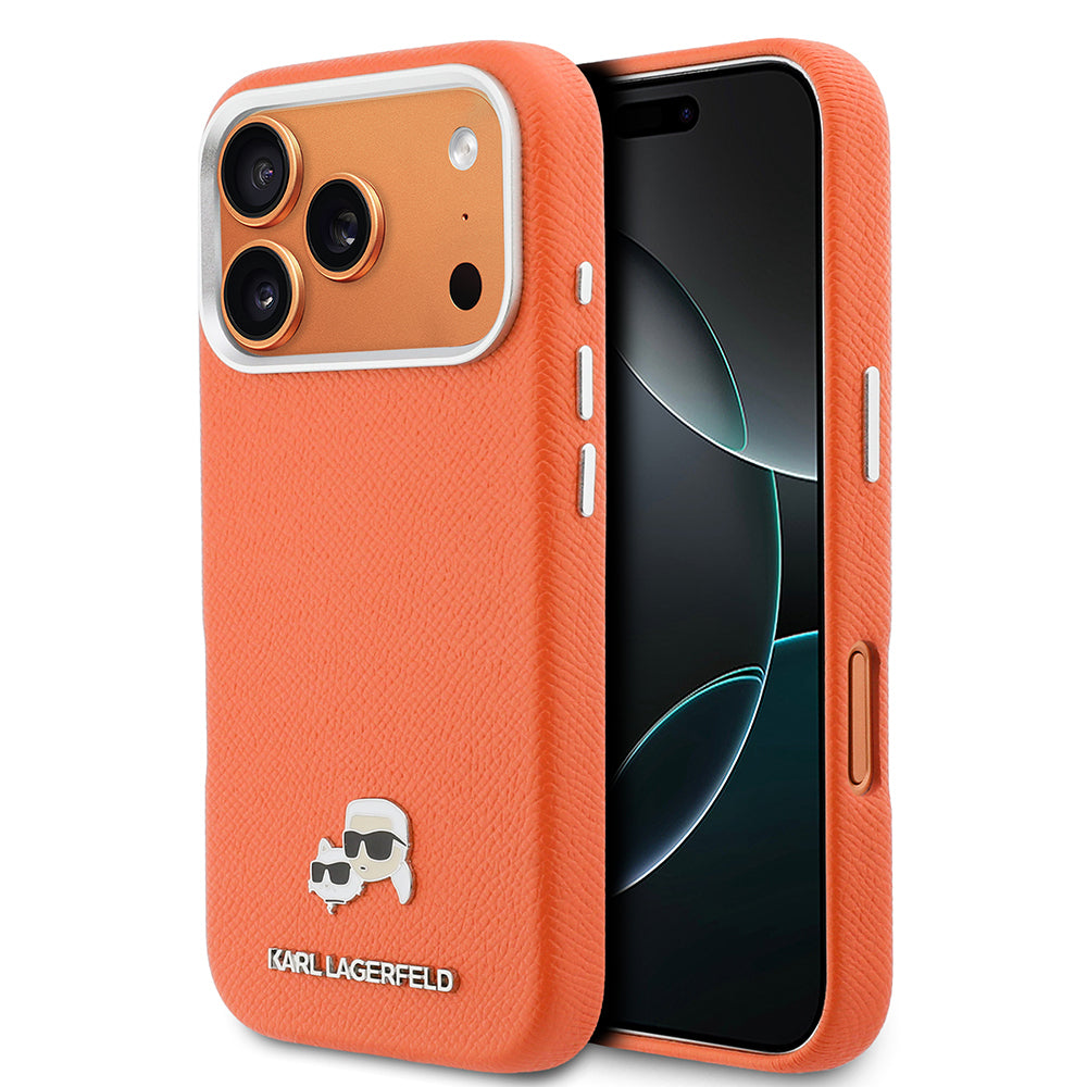 __vg|Turuncu|0|3666339600143-01|Apple iPhone 17 Pro Max Kılıf Karl Lagerfeld Orjinal Lisanslı MagSafe Şarj Özellikli Metal Kamera ve Buton Tasarımlı K&C Head Logolu PU Deri Kapak