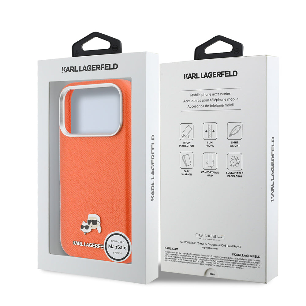 __vg|Turuncu|7|3666339600143-08|Apple iPhone 17 Pro Max Kılıf Karl Lagerfeld Orjinal Lisanslı MagSafe Şarj Özellikli Metal Kamera ve Buton Tasarımlı K&C Head Logolu PU Deri Kapak