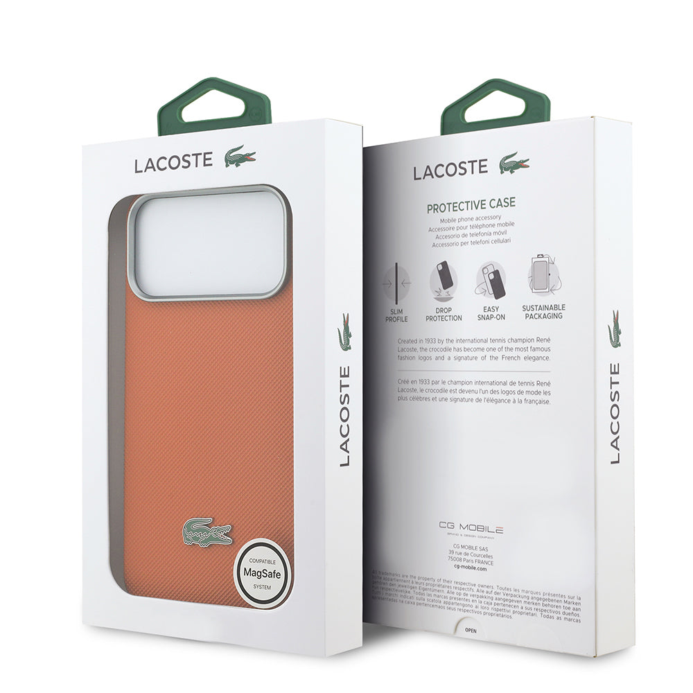 __vg|Turuncu|7|3666339611347-08|Apple iPhone 17 Pro Max Kılıf Lacoste Orjinal Lisanslı MagSafe Şarj Özellikli PVC Yarı Pike Desenli Arka Yüzey İkonik Timsah Dokuma Logolu Kapak