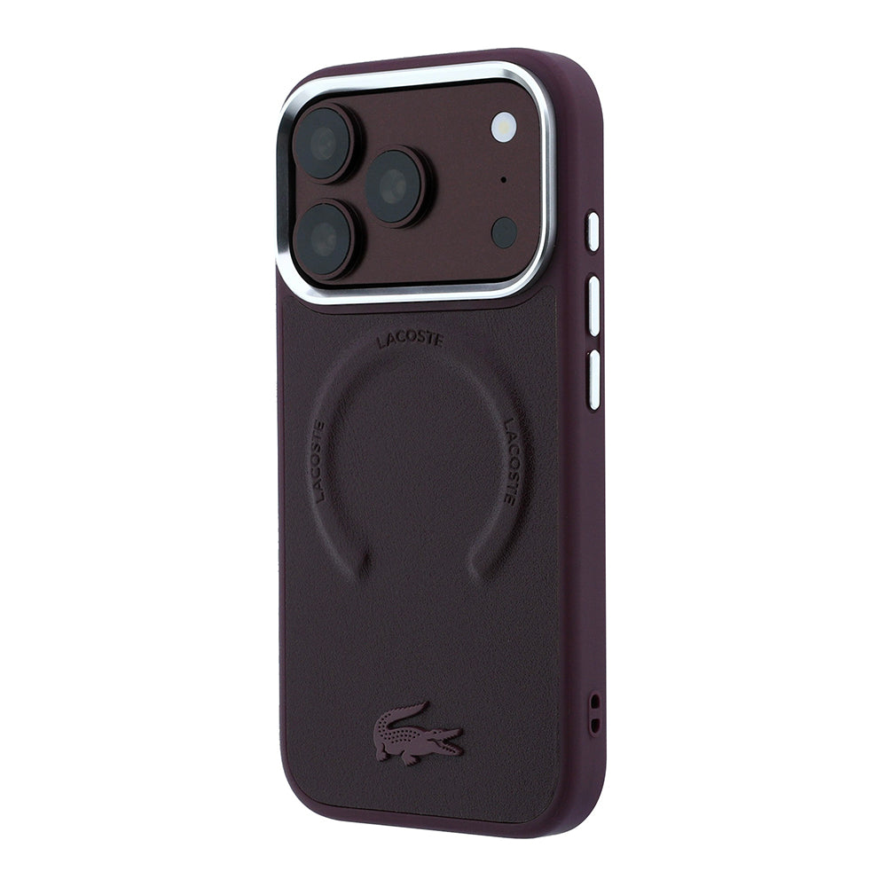 Apple iPhone 18 Pro Kılıf Lacoste Orjinal Lisanslı MagSafe Şarj Özellikli Lenglen Icon Metal Logolu Kapak - Bordo