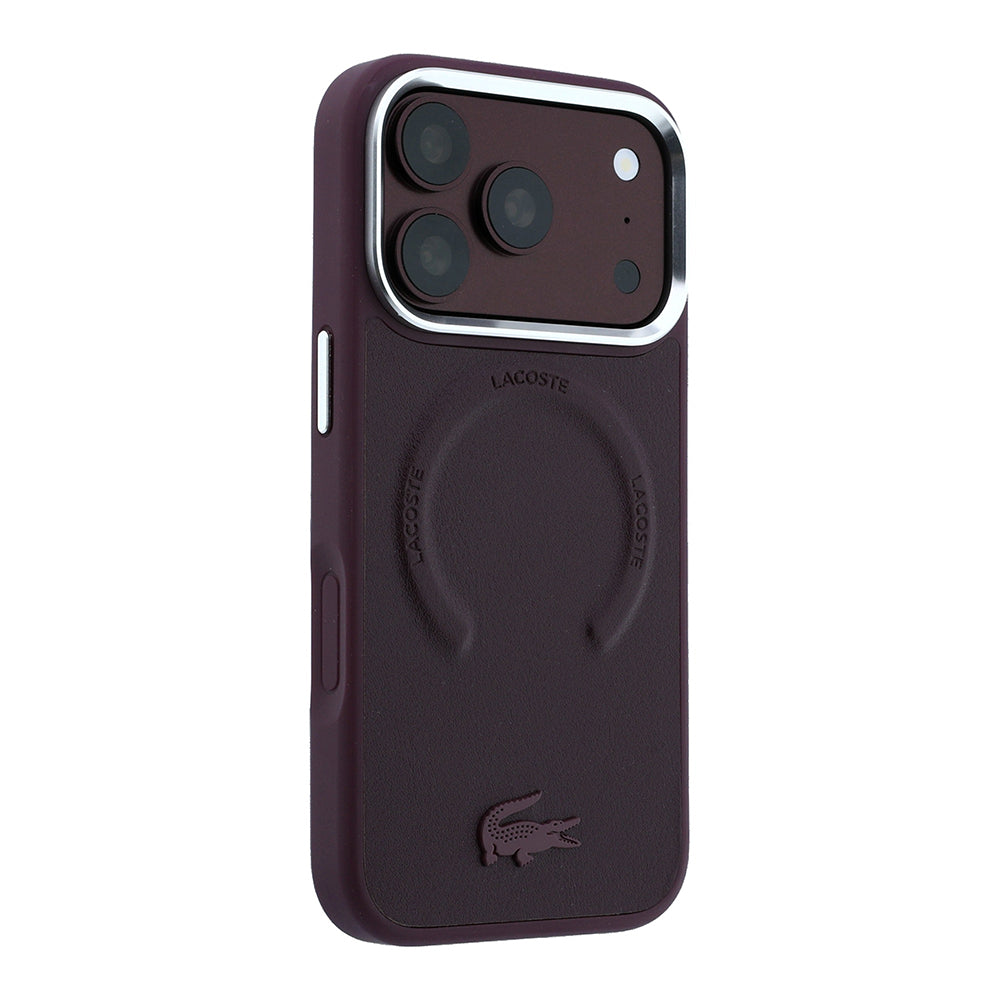 Apple iPhone 18 Pro Kılıf Lacoste Orjinal Lisanslı MagSafe Şarj Özellikli Lenglen Icon Metal Logolu Kapak - Bordo